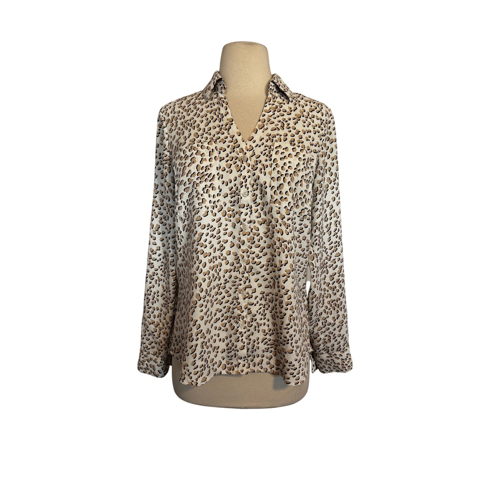 Express Portofino Slim Fit Leopard Animal Print Button Down Blouse Small